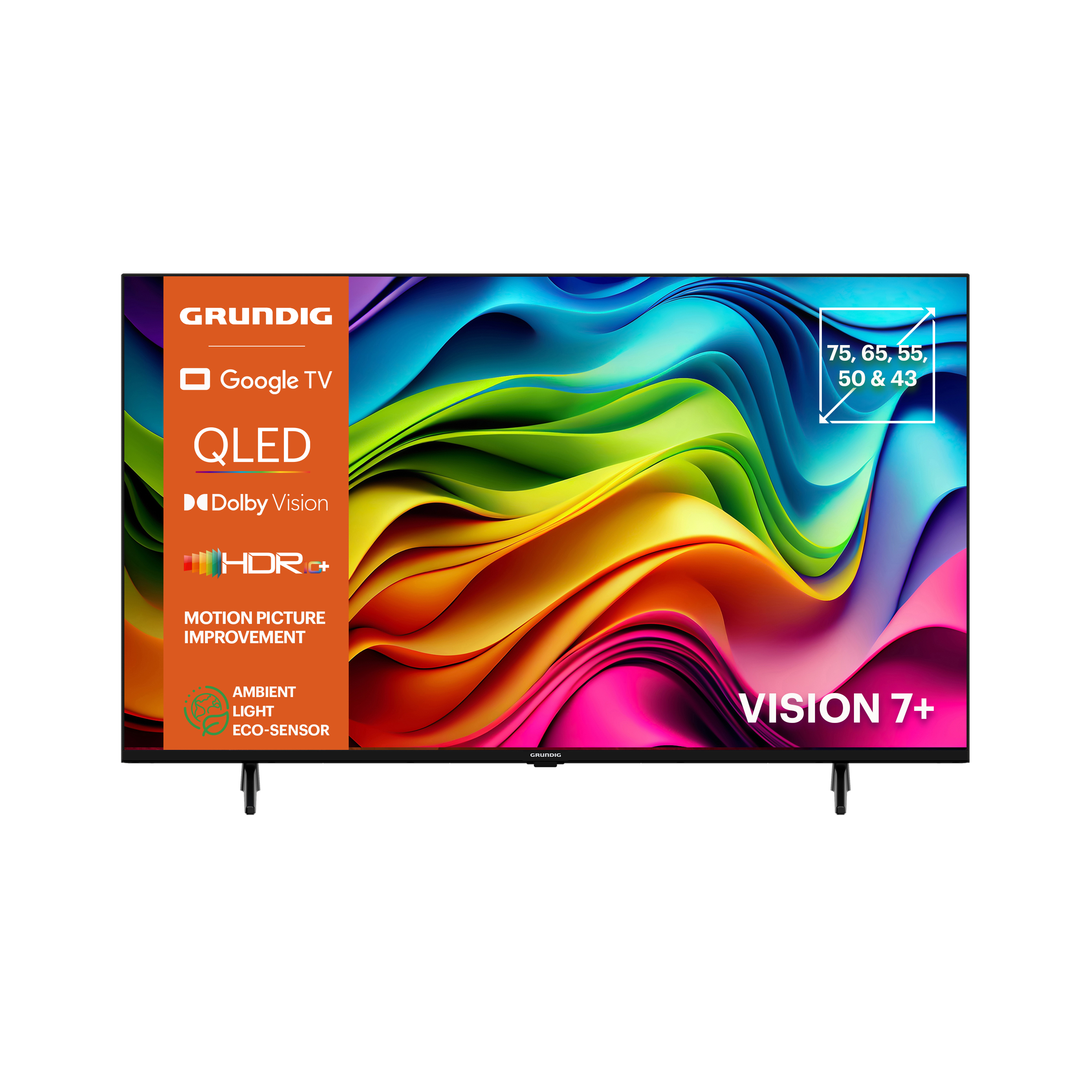 Grundig TV mit Google TV und QLED. Hat HDR+ und Umgebungslicht, sowie Größenangaben.