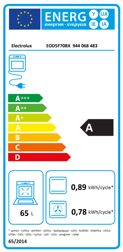 Sütő energia címkéje, besorolásokkal, részletekkel és az Electrolux márkával.