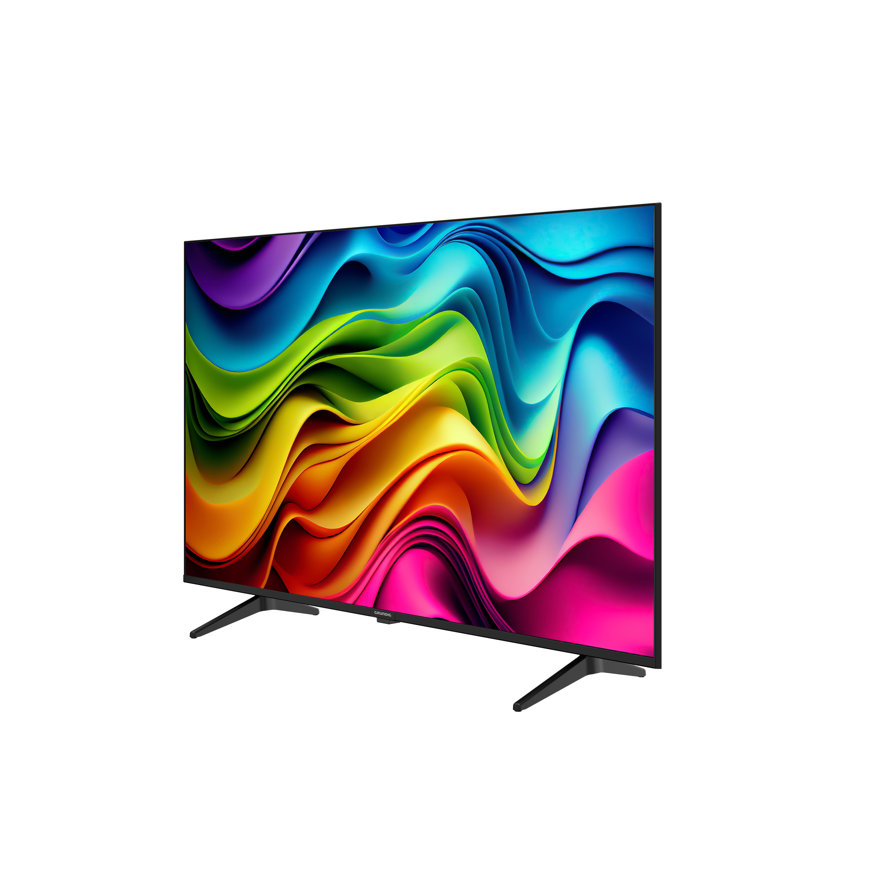 Der schwarze Fernseher zeigt farbenfrohe abstrakte Kunst. Der Fernseher hat schwarze Beine und einen Rahmen. Der Hintergrund ist weiß.