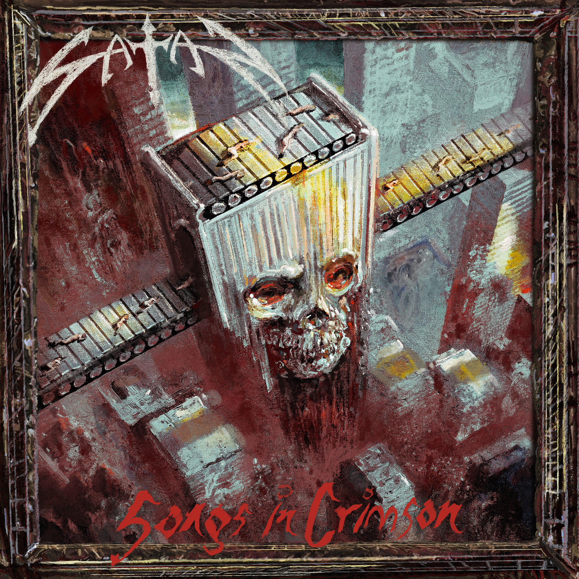Albumcover mit Schädel und Stadtbildern. Karmesinroter Text: Songs in Crimson.
