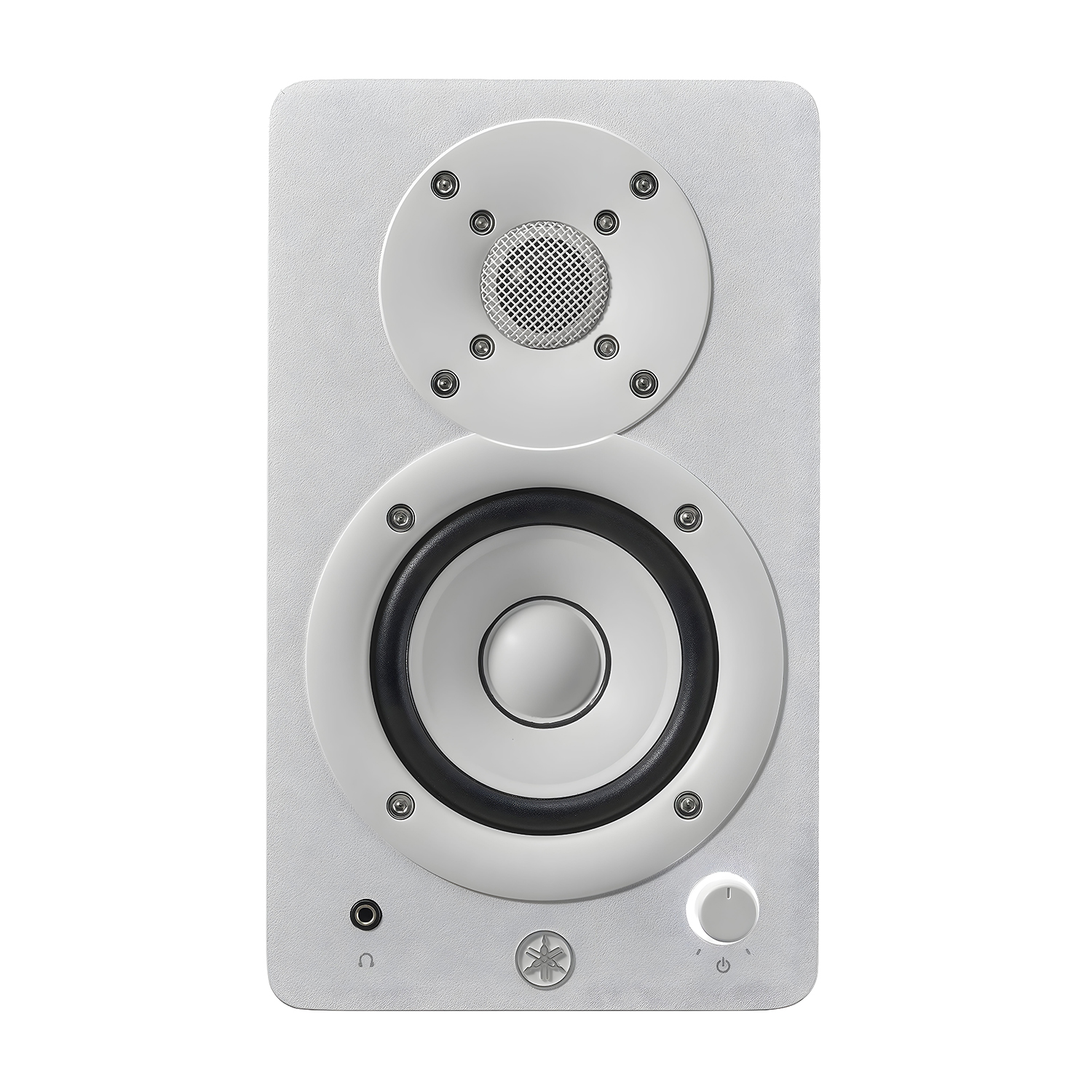 Vista frontale di un altoparlante Yamaha HS3 bianco, con un tweeter, un woofer e un controllo del volume.