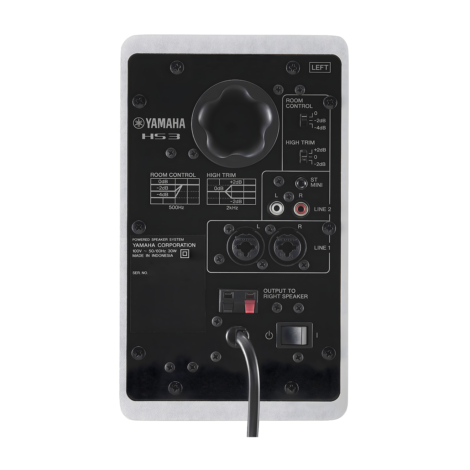 Pannello posteriore di un altoparlante monitor da studio Yamaha HS5. Include controlli, porte e informazioni sul marchio.