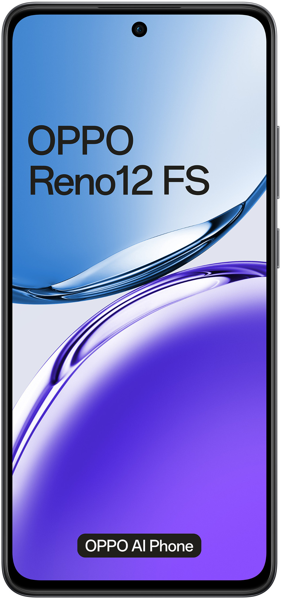 Czarny telefon Oppo z niebieskim i fioletowym wzorem fal na ekranie. Tekst Oppo AI Phone.