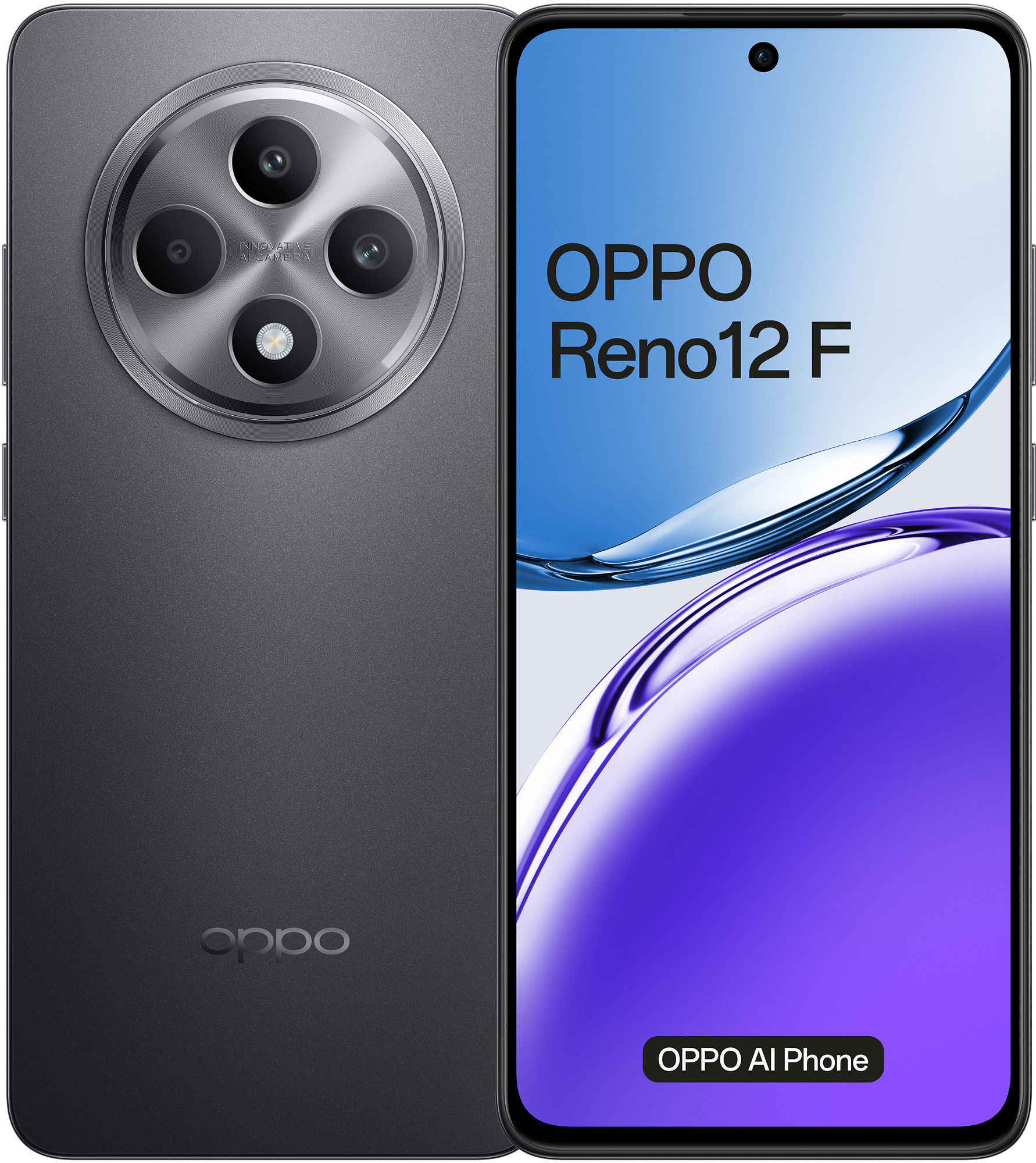 Czarny telefon Oppo Reno12 F, pokazujący tył z aparatami i przód z ekranem.