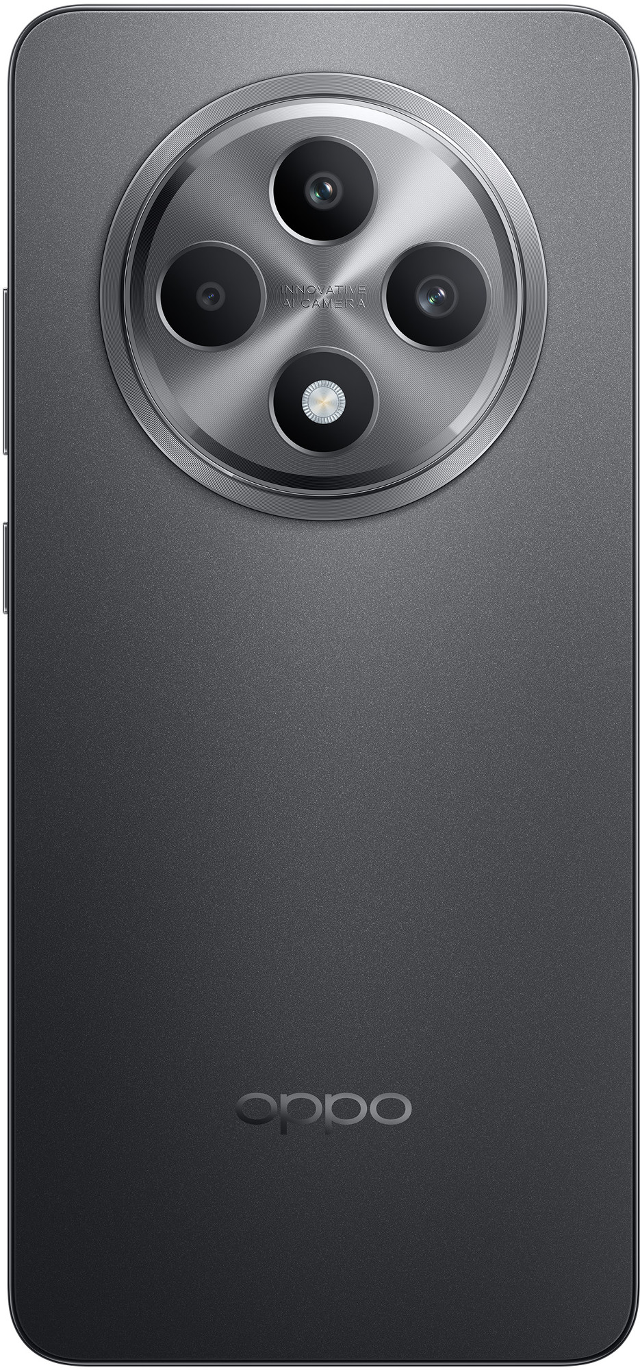 Tył ciemnoszarego smartfona z okrągłym zestawem kamer i logo Oppo poniżej.