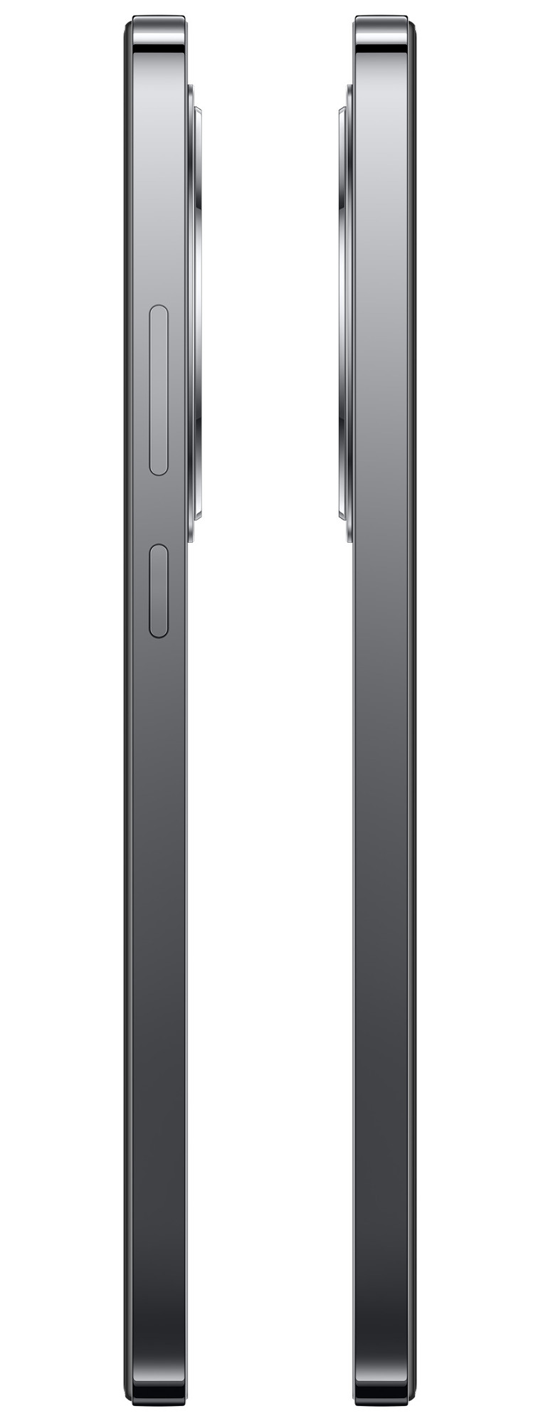 Dwa boki szarego smartfona. Widoczna kamera i boczne przyciski.