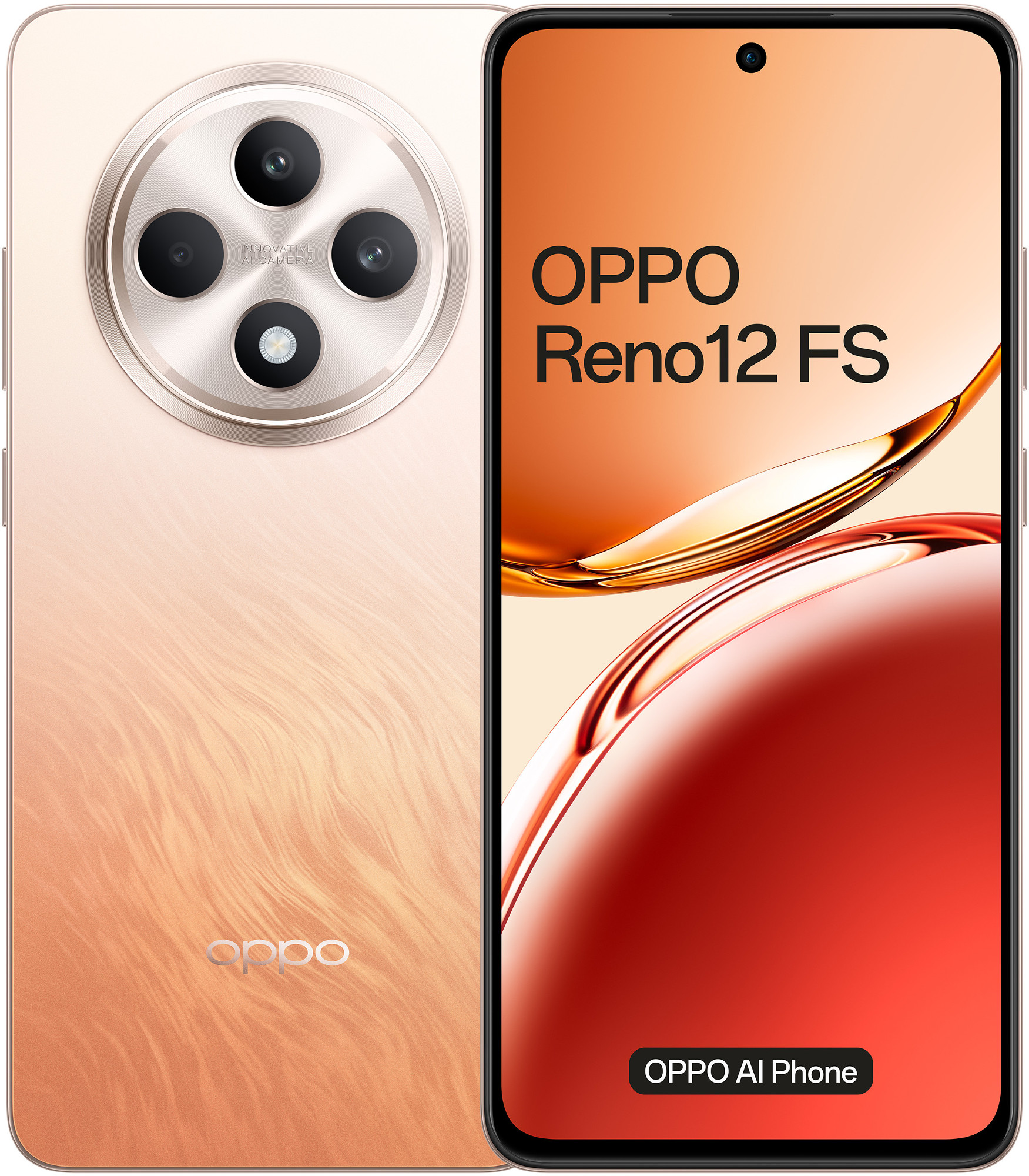 Smartfon OPPO Reno12 FS. Widok z przodu, trzy kamery, pomarańczowy gradient z tyłu.
