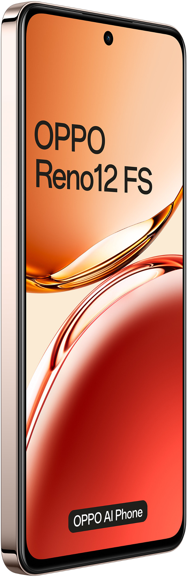 Smartfon w kolorze różowego złota z tekstem OPPO Reno12 FS na ekranie. Czarna kamera, czerwony dół.