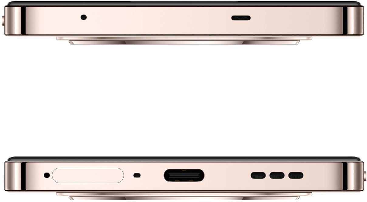 Złoty telefon, widok z góry i z dołu. Ma małą kropkę i gniazdo.