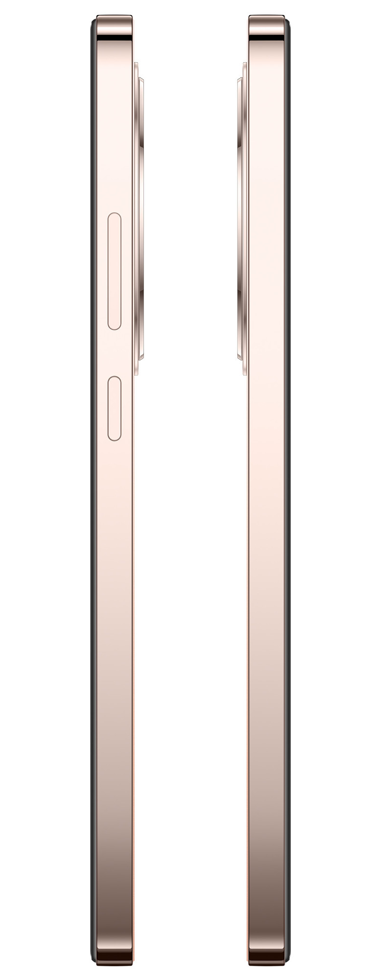 Dwa złote telefony pokazane obok siebie, w profilu.