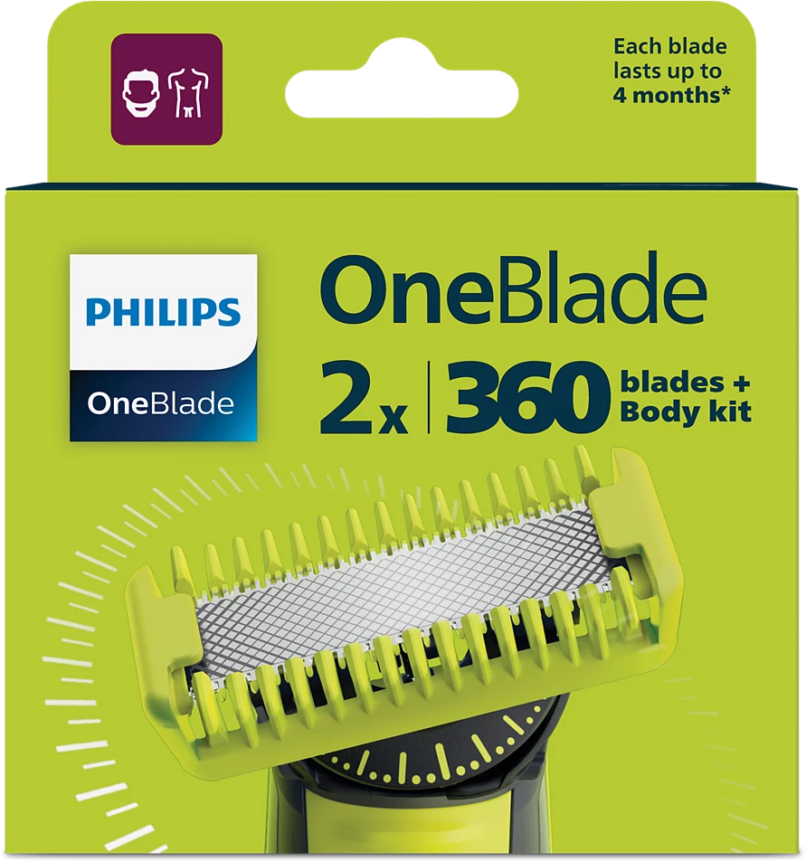 Philips OneBlade pengék doboza, elöl egy pengével, zöld és fehér színekkel.