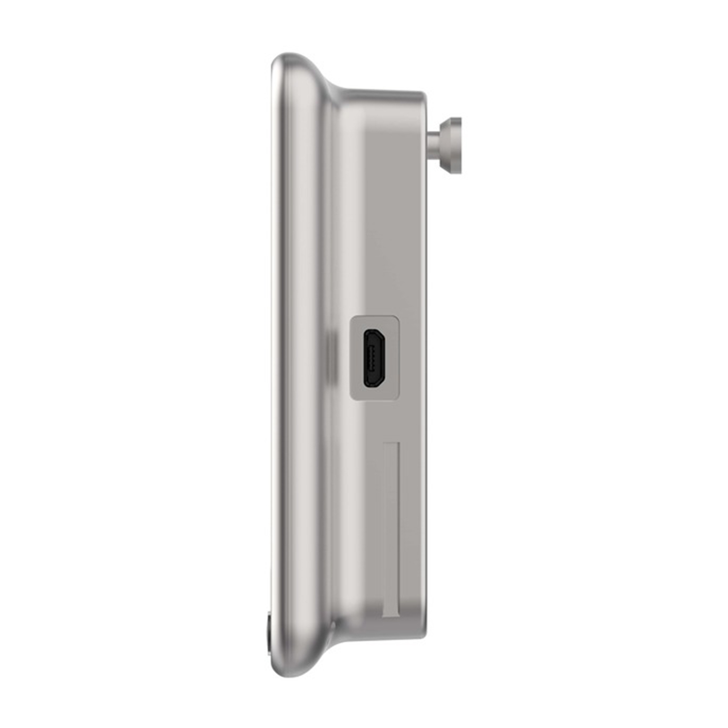 Vista laterale di un dispositivo argentato con porta USB e pulsante, su sfondo bianco.