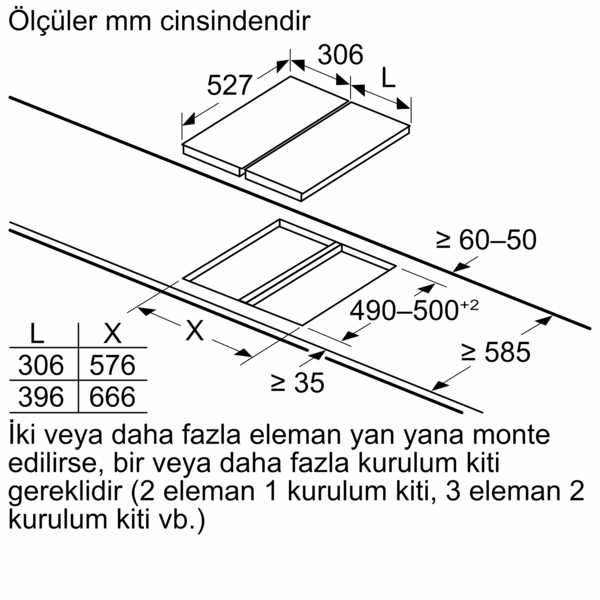 Boyutları ve yabancı dilde metin içeren bir ocak üstü teknik çizimi.
