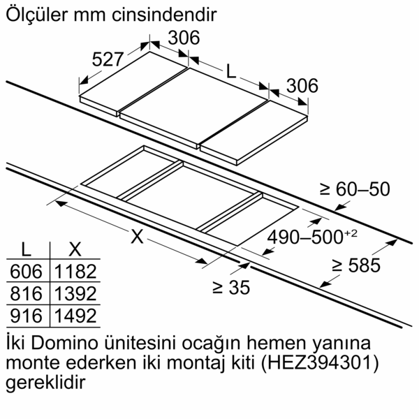 Ölçümleri ile bir Bosch indüksiyonlu ocak için boyutları gösteren teknik şema.