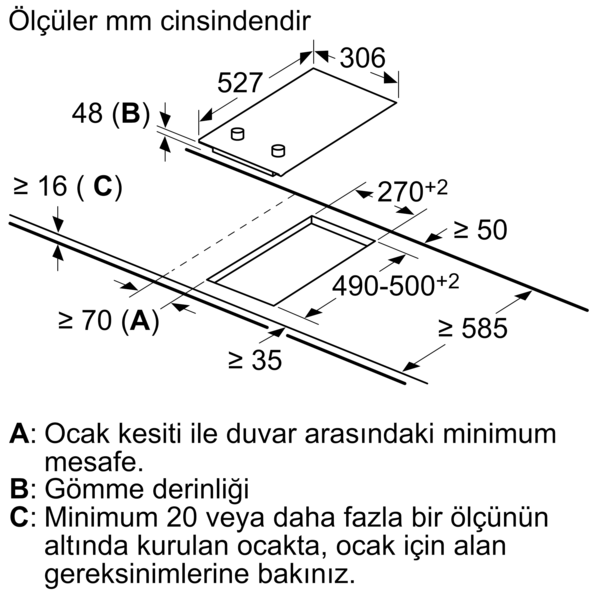 Ölçüler ve Türkçe notlarla bir ocak çizimi. Çizgiler ve şekiller siyahtır.