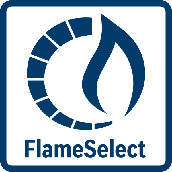Alev içeren mavi ve beyaz bir FlameSelect logosu.