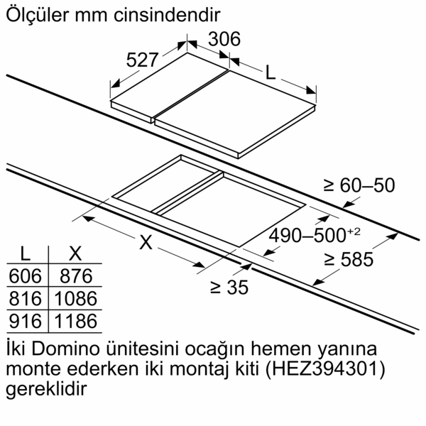 Boyutları ve kurulum detayları ile ankastre bir ocağın diyagramı.