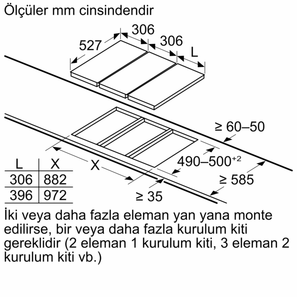 Ocak boyutları ve montaj talimatları içeren çizgi çizimi.