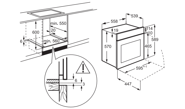 Konyhai készülék diagramja méretekkel és keresztmetszeti részlettel.