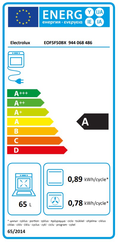 Energia címke energiahatékonysági besorolásokkal és részletekkel sütőhöz.