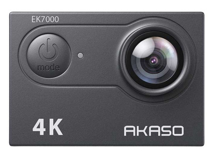 Czarna kamera sportowa Akaso 4K z obiektywem i przyciskiem zasilania.