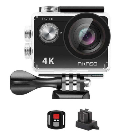 Czarna kamera sportowa AKASO z etykietą 4K i akcesoriami.
