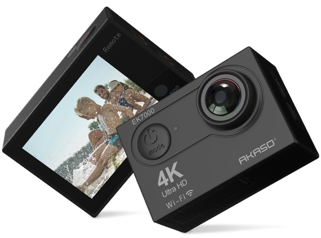 Czarna kamera sportowa z ekranem pokazującym ludzi w wodzie. Kamera jest 4K.