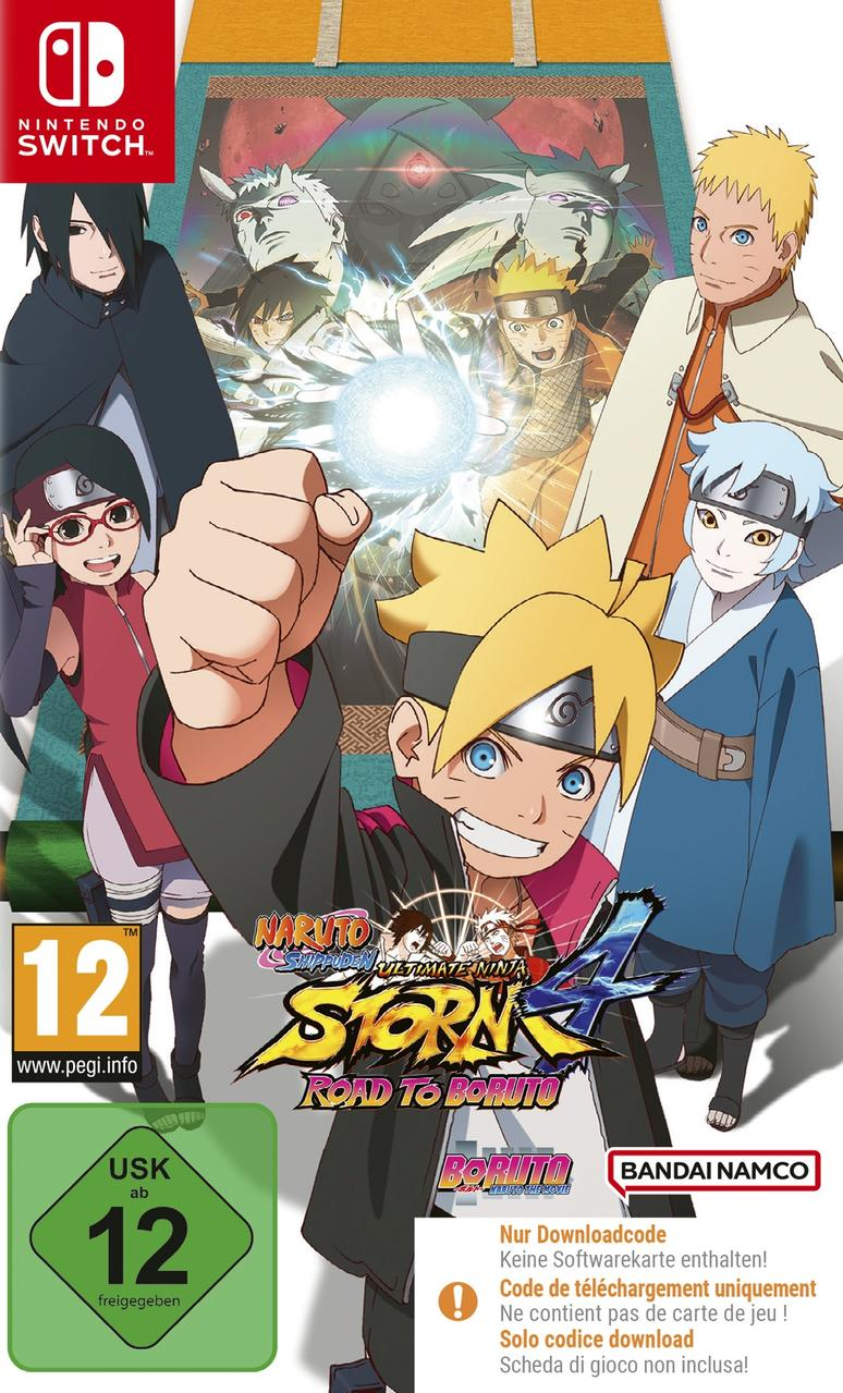 Nintendo Switch-Spielbox. Enthält Naruto-Charaktere mit Text und Bewertung.