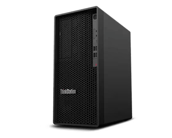 Una torre de computadora ThinkStation negra. El frente tiene un diseño de malla y el logotipo ThinkStation.