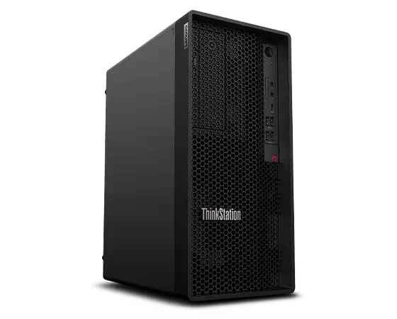 Una torre de computadora ThinkStation negra. Tiene una parte frontal de malla.