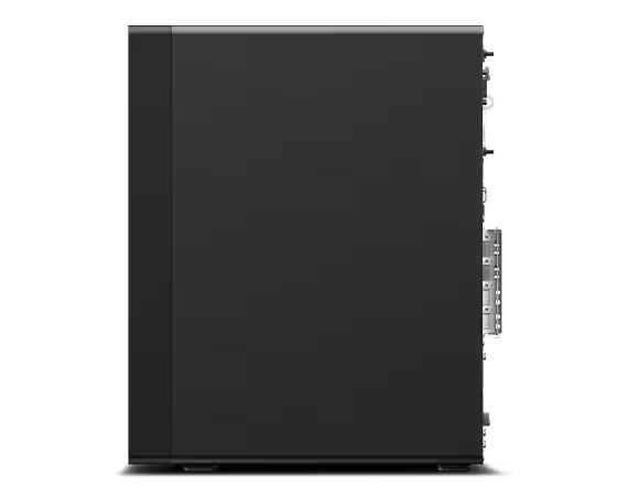 Una torre de computadora de escritorio negra, vista lateral. Sencilla, con un fondo oscuro.