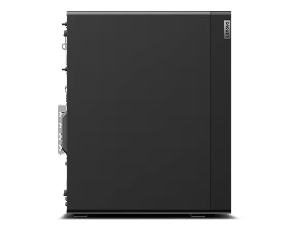Vista lateral de una computadora de escritorio Lenovo negra, que muestra el panel lateral con el logotipo de Lenovo.
