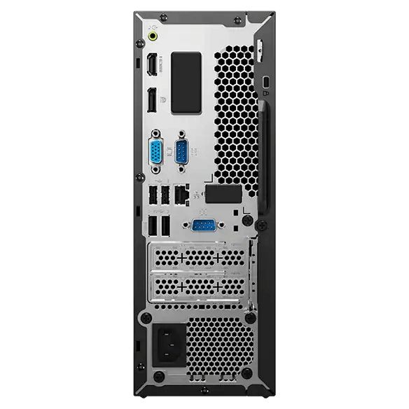 Vista trasera de una torre de computadora de escritorio negra con varios puertos y orificios de ventilación.