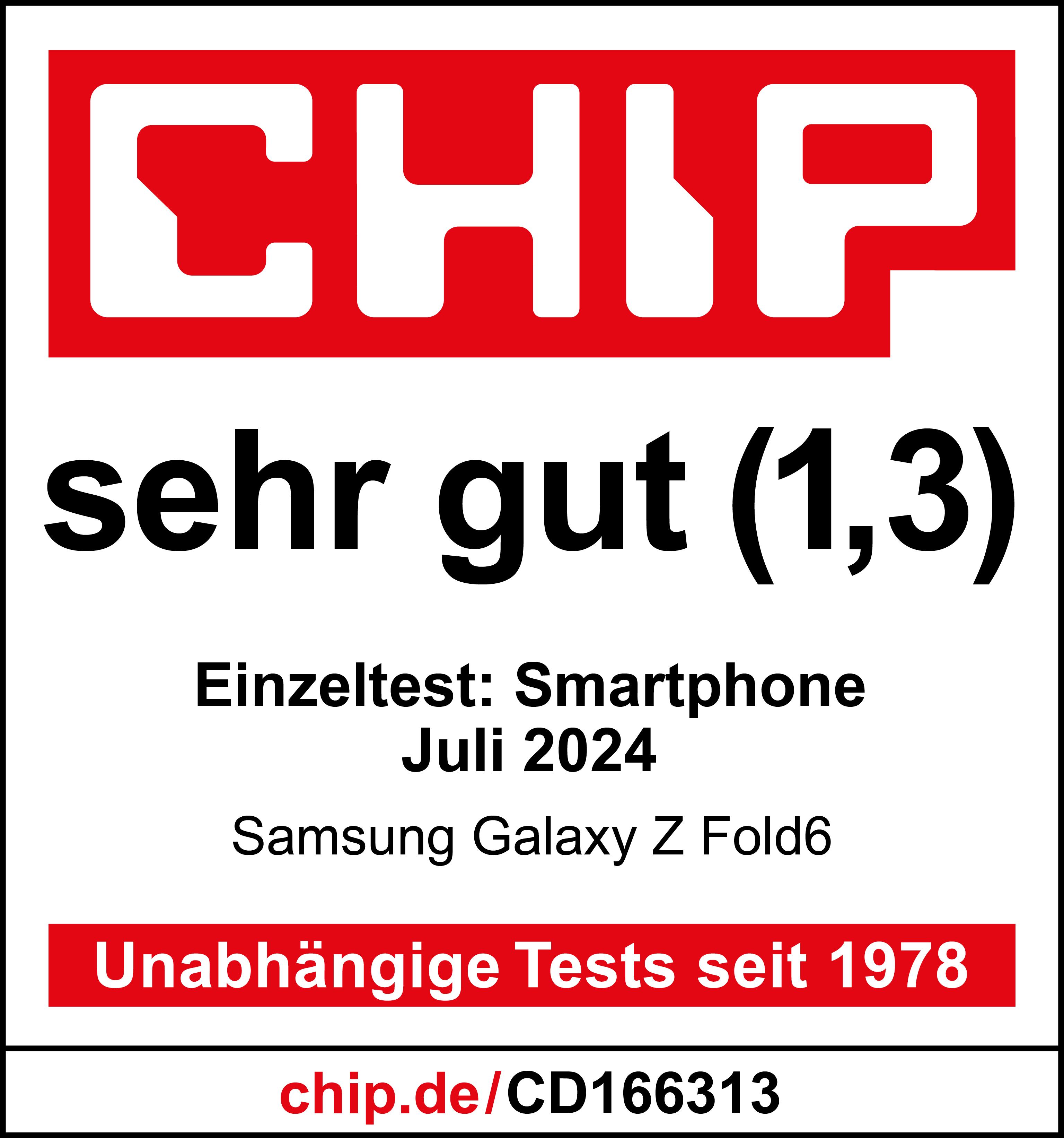 Ein CHIP-Magazin-Cover mit dem Text 'sehr gut (1,3)' und Details zu einem Smartphone.