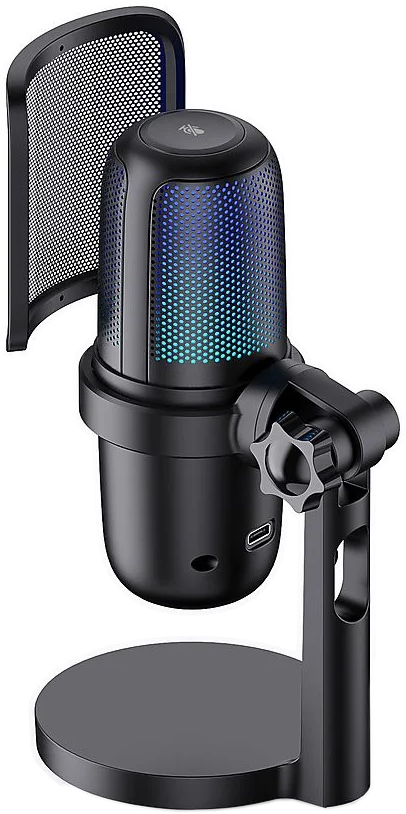 Fekete mikrofon LED világítással, állványon, popszűrővel. A design futurisztikus.