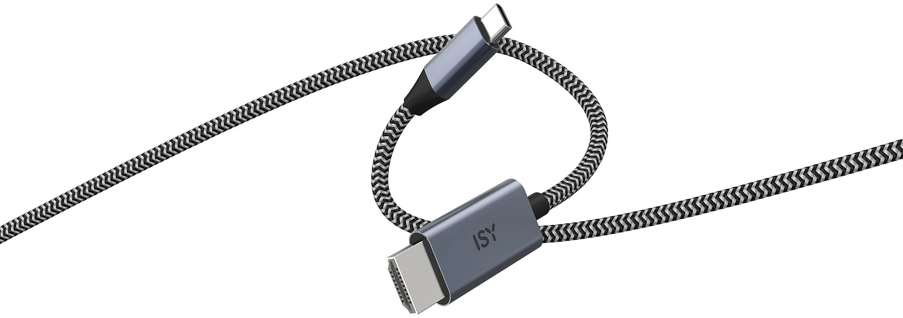 USB-C kábel szövött mintával és csatlakozókkal mindkét végén.