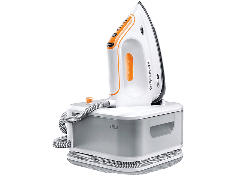 Centro de planchado - Braun CareStyle Compact Pro IS2561WH, Suela EloxalPlus, Freeglide3D, Golpe vapor 400 g/min, 6 bar, Blanco y Naranja