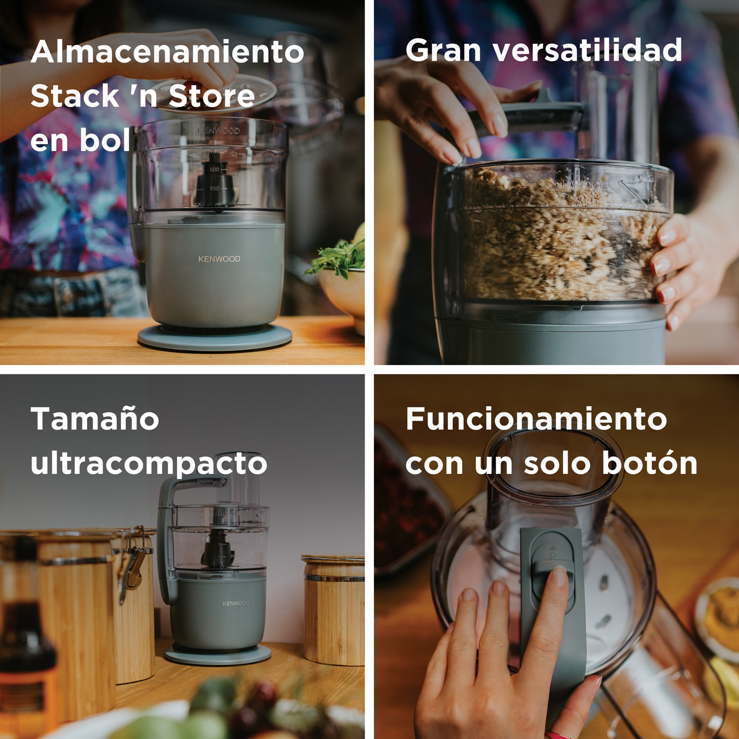 Cuatro imágenes que muestran un procesador de alimentos Kenwood en diferentes usos.