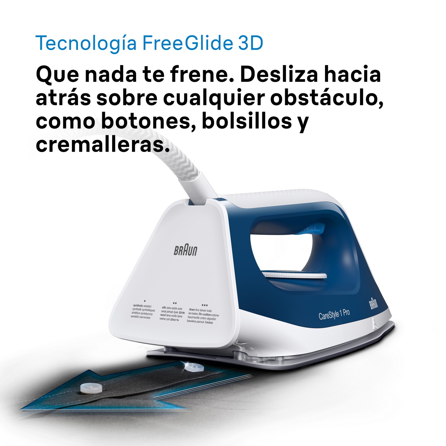 Una plancha blanca y azul sobre una superficie oscura. Texto en español describe sus características.