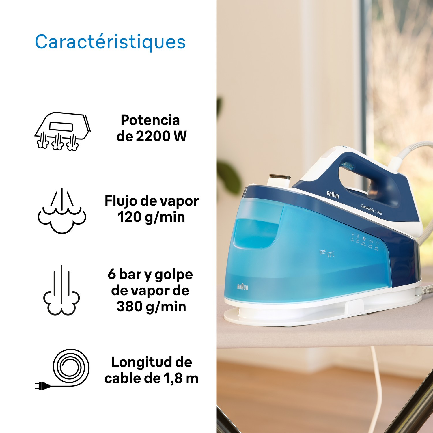 Una plancha azul y blanca con texto en español, que muestra detalles del vapor.