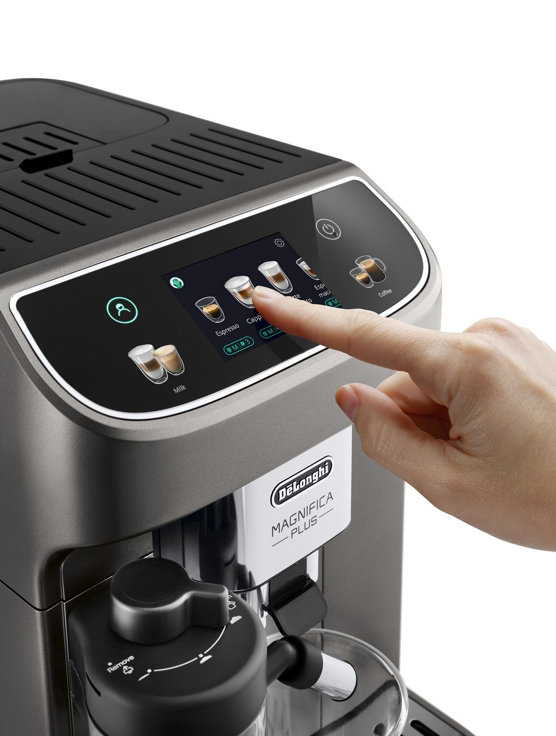 Un dedo toca la pantalla de una cafetera que muestra tipos de café.