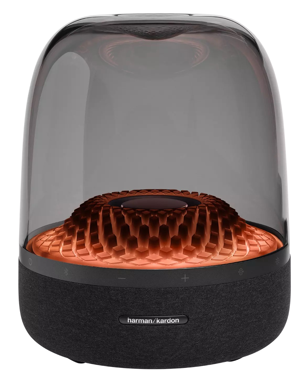 Nowoczesny, przezroczysty głośnik. Wewnątrz widoczna ciemna struktura o strukturze plastra miodu.