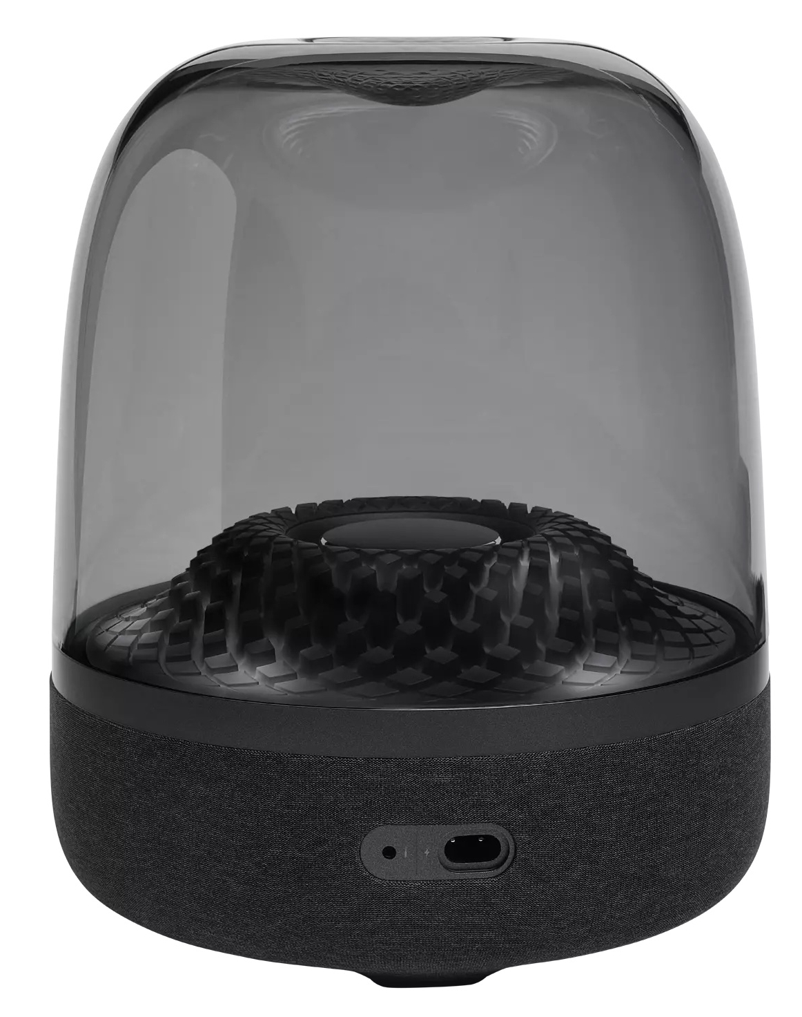 Czarny głośnik z przezroczystym wierzchem, pokazujący wewnętrzny projekt głośnika.