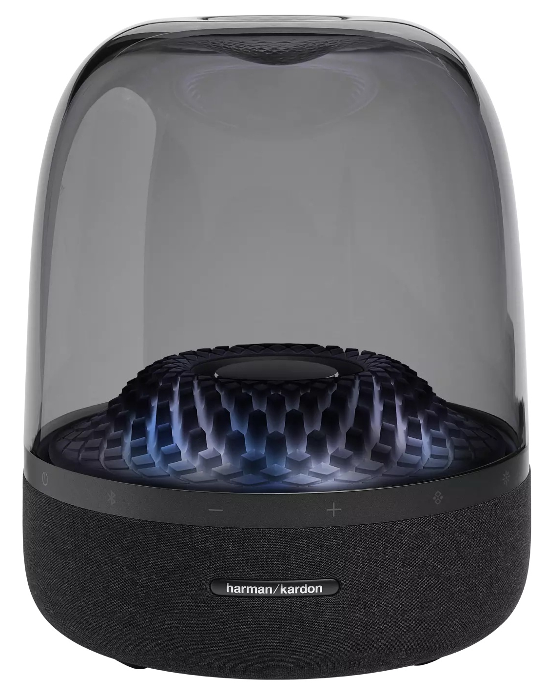 Czarny i przezroczysty głośnik. Ma przezroczystą kopułę z sześciokątnym wzorem wewnątrz.