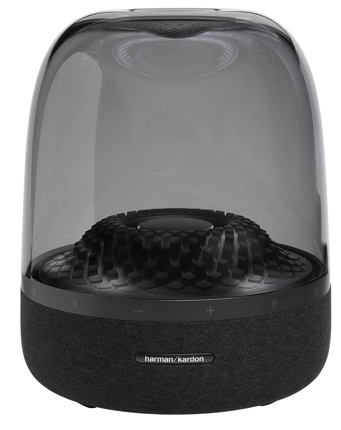 Przezroczysty głośnik z czarną podstawą, czarną konstrukcją wewnętrzną i przyciskami.