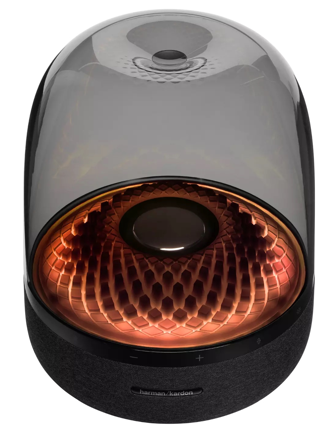 Nowoczesny głośnik z przezroczystym wierzchem i ciemną podstawą.