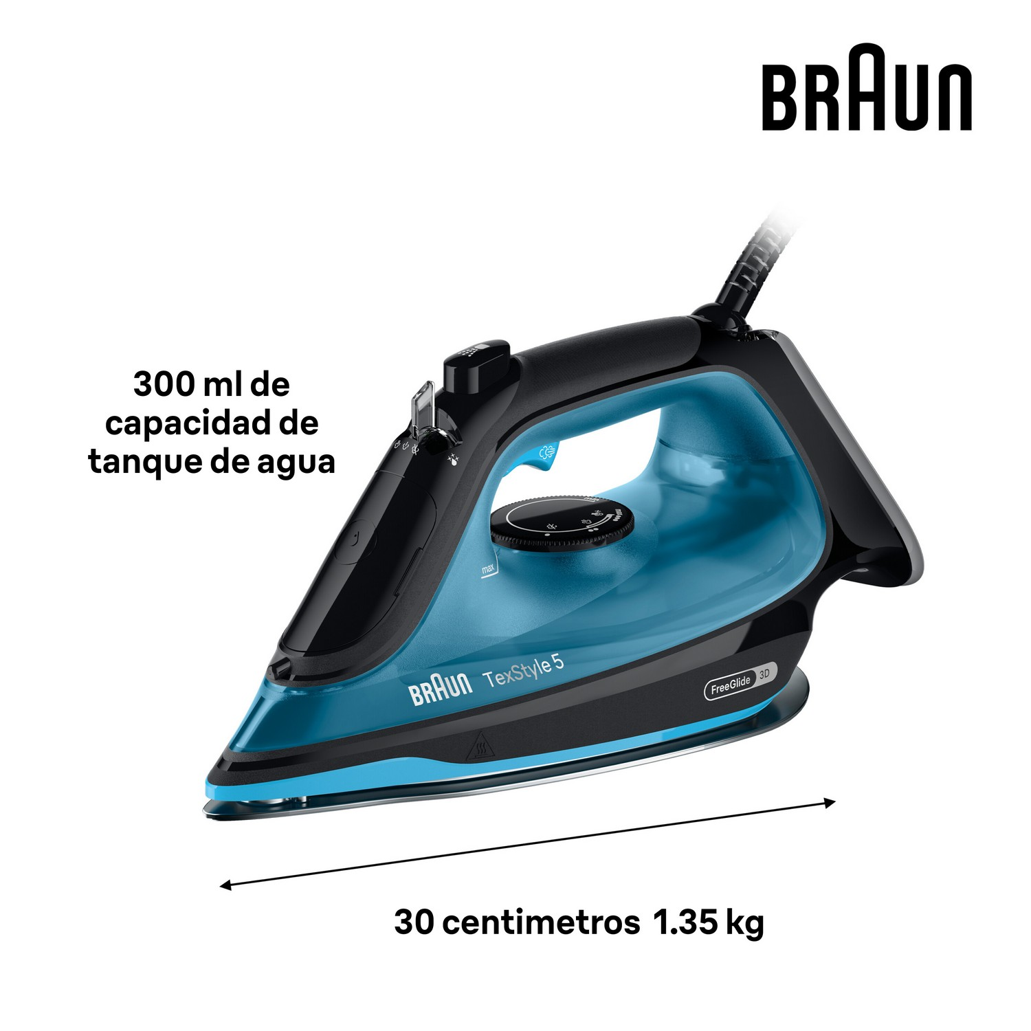 Una plancha. Es negra y azul con texto que indica la capacidad del depósito de agua y el tamaño.