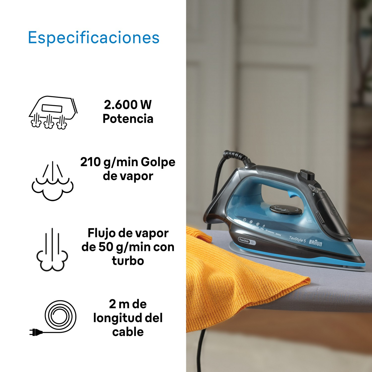 Una plancha con diseño azul y negro, y sus especificaciones técnicas.