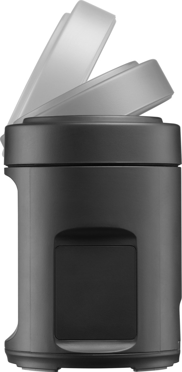 Gadget nero e grigio con coperchio girevole.