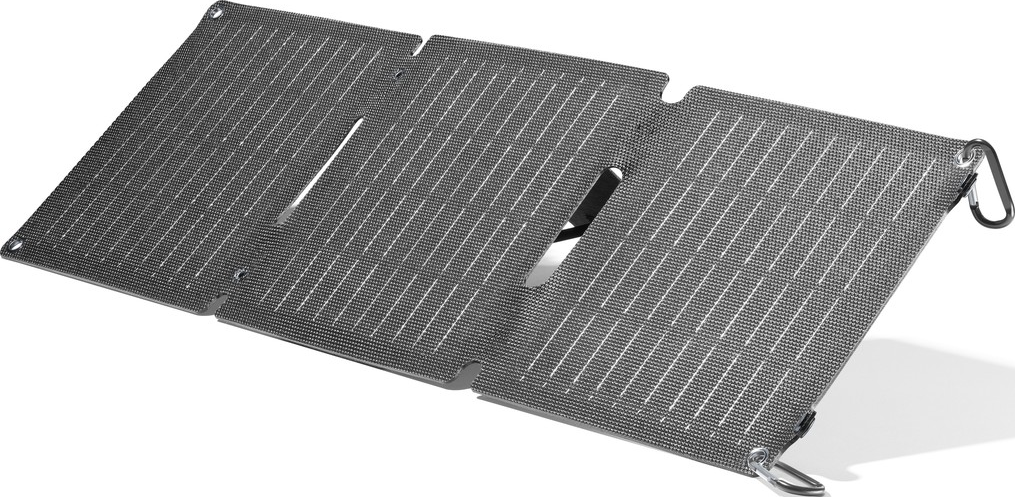 Pannello solare pieghevole con un motivo grigio e nero.